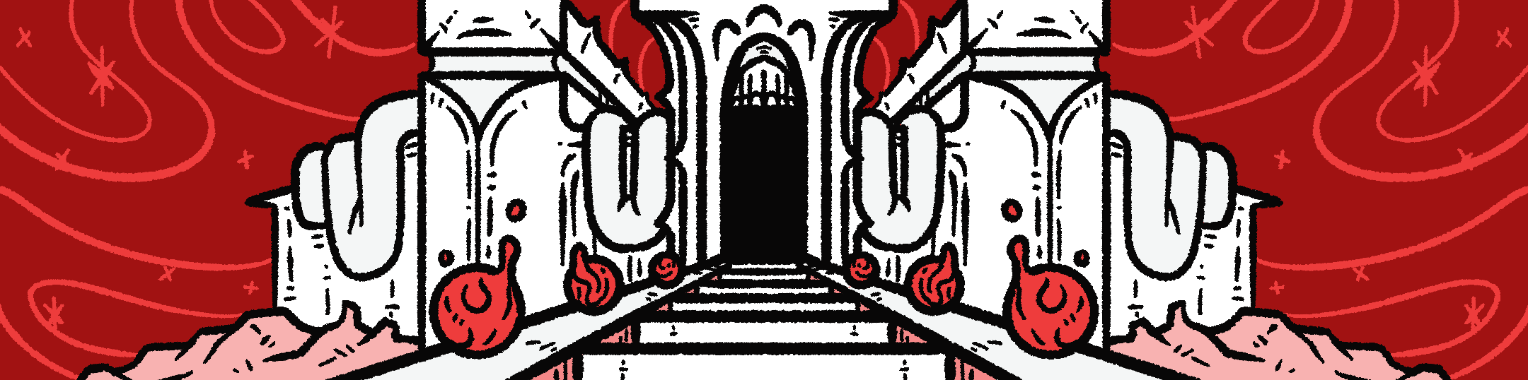 Illustration of stairs leading up to a white, eldritch cathedral. Balls of blood float on either side of the staircase, which leads up to a looming, dark doorway carved to appear like a gaping maw. Ornamental intestines hang over the cathedral walls. In the distance is a swirling, red sky full of bloody stars.